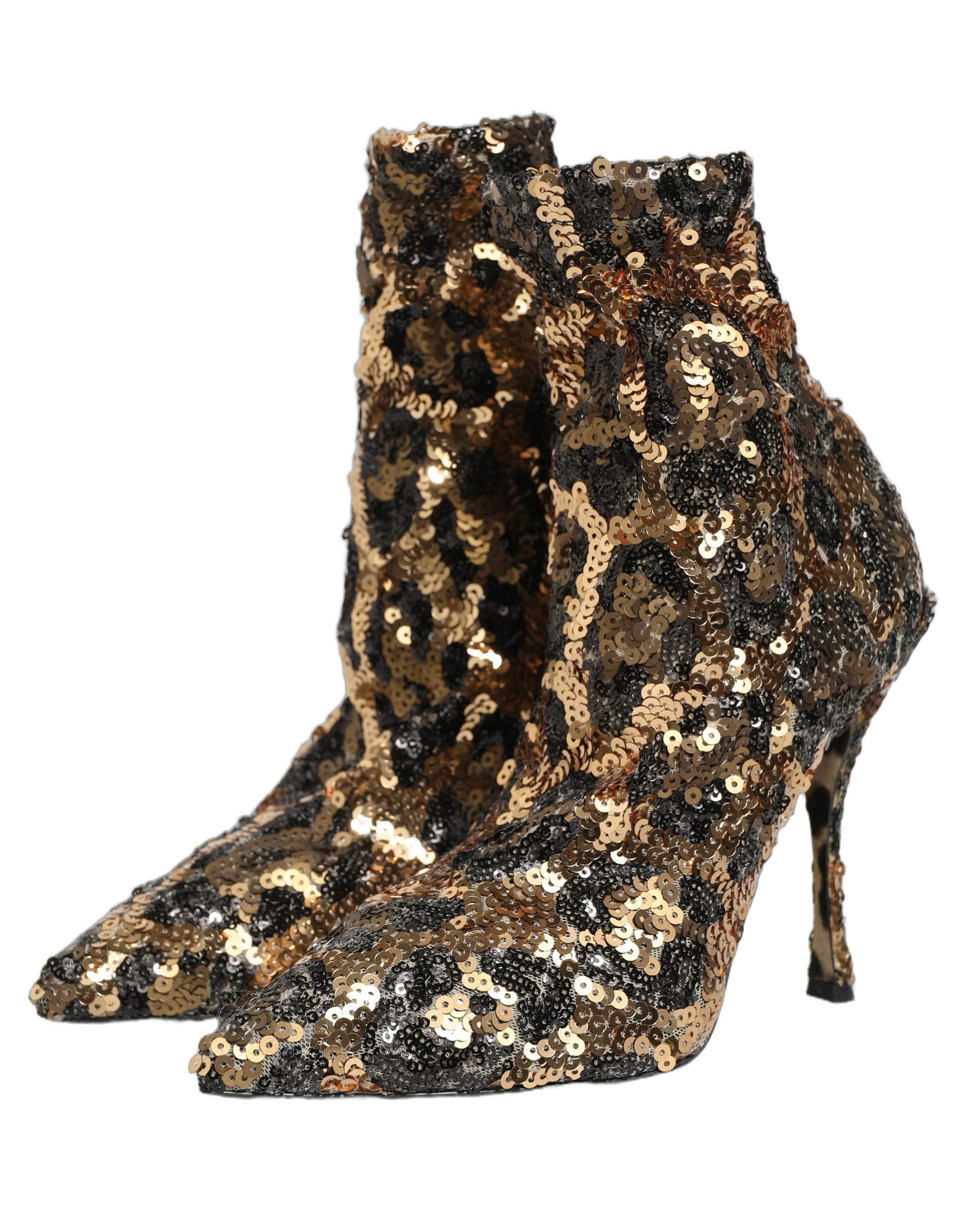 Dolce & Gabbana Gold Leopard Sequin Sock Ankle Boots Women's Shoes