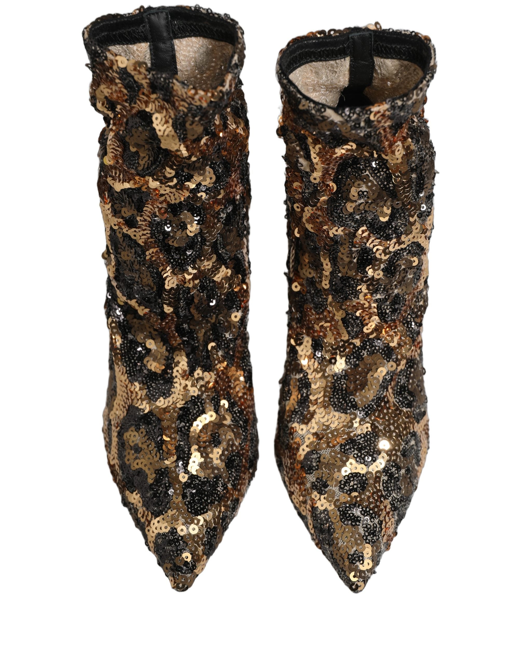 Dolce & Gabbana Gold Leopard Sequin Sock Ankle Boots Women's Shoes
