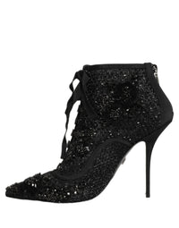 Dolce & Gabbana Black Embellished Mesh Ankle Boots Women's Shoes