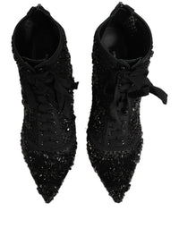 Dolce & Gabbana Black Embellished Mesh Ankle Boots Women's Shoes
