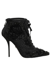 Dolce & Gabbana Black Embellished Mesh Ankle Boots Women's Shoes