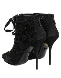 Dolce & Gabbana Black Embellished Mesh Ankle Boots Women's Shoes