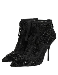 Dolce & Gabbana Black Embellished Mesh Ankle Boots Women's Shoes