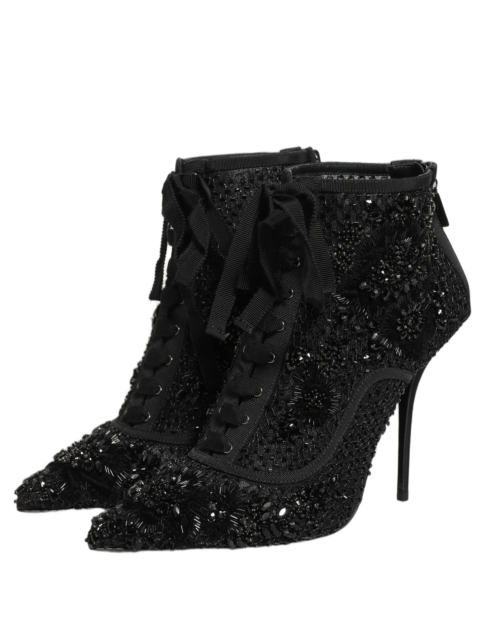 Dolce & Gabbana Black Embellished Mesh Ankle Boots Women's Shoes