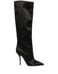 Dolce & Gabbana Black Satin Knee High Stiletto Boots Women's Shoes