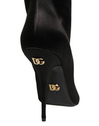 Dolce & Gabbana Black Satin Knee High Stiletto Boots Women's Shoes