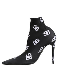 Dolce & Gabbana Black Logo Stretch Heels Ankle Boots Women's Shoes