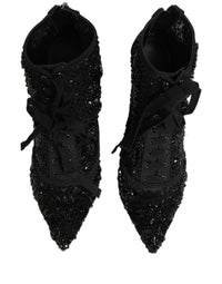 Dolce & Gabbana Black Embellished Mesh Ankle Boots Women's Shoes