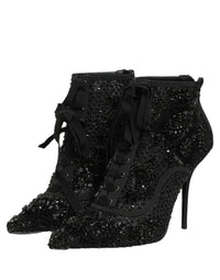 Dolce & Gabbana Black Embellished Mesh Ankle Boots Women's Shoes