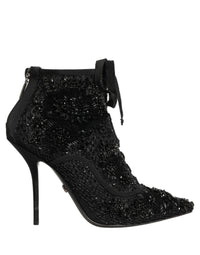 Dolce & Gabbana Black Embellished Mesh Ankle Boots Women's Shoes