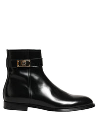Dolce & Gabbana Black Leather Logo Buckle Mid Calf Boots Men's Shoes