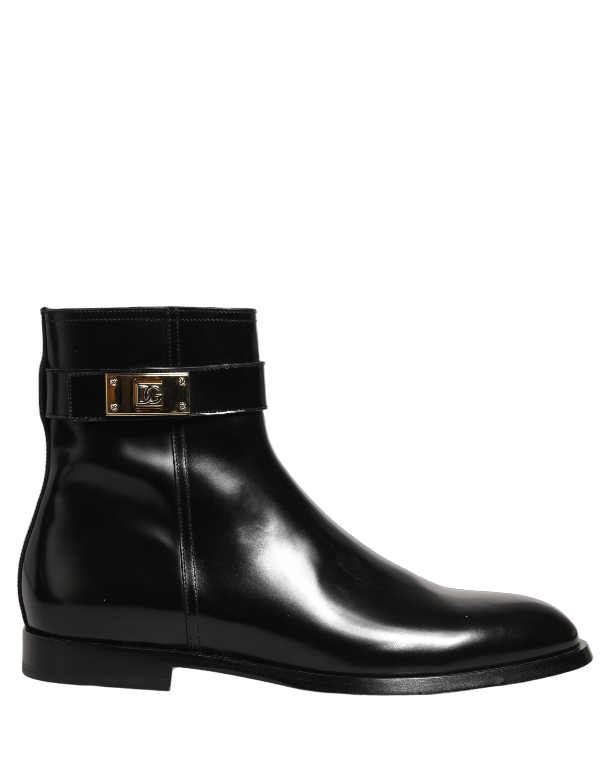 Dolce & Gabbana Black Leather Logo Buckle Mid Calf Boots Men's Shoes