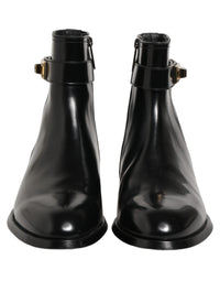 Dolce & Gabbana Black Leather Logo Buckle Mid Calf Boots Men's Shoes