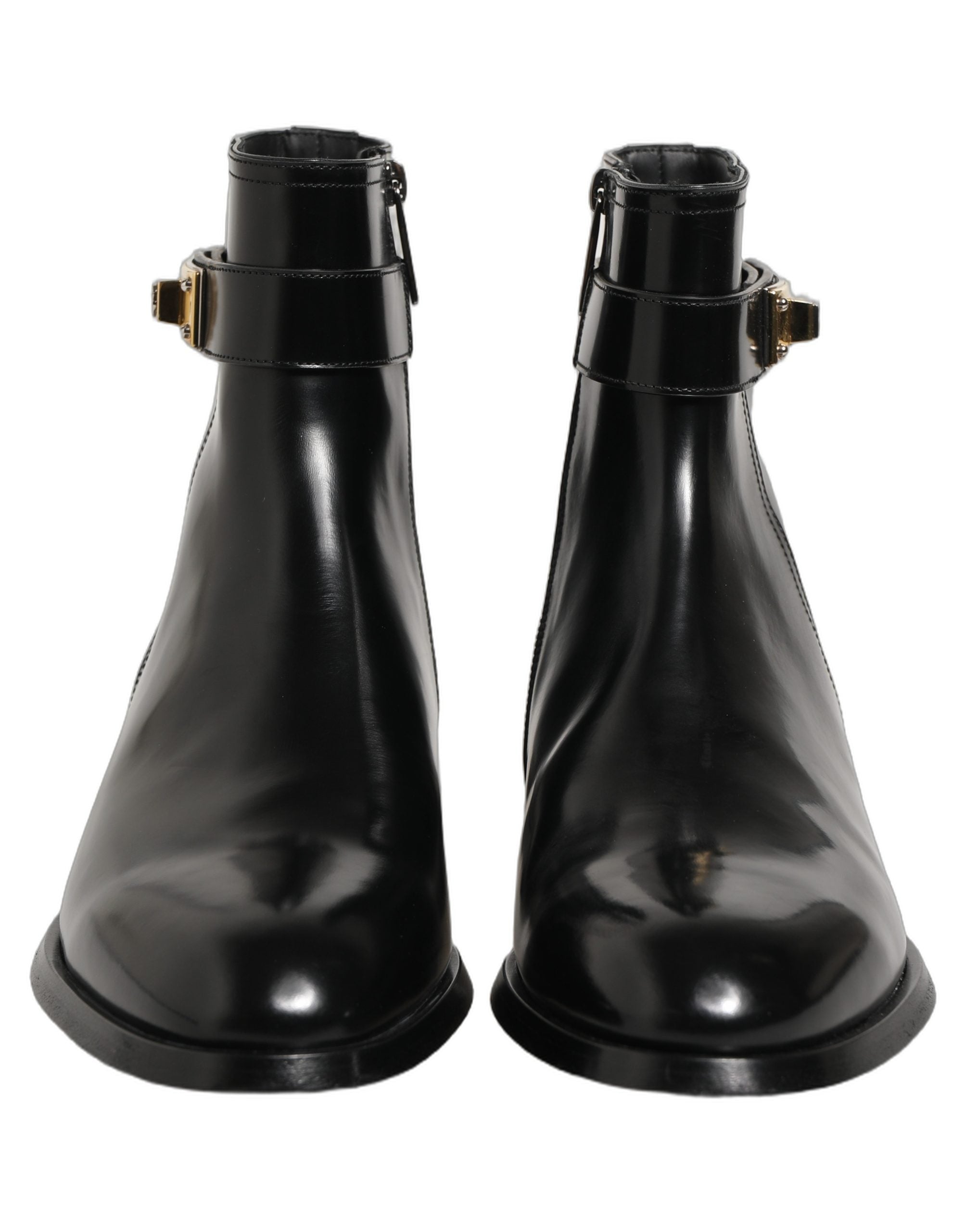 Dolce & Gabbana Black Leather Logo Buckle Mid Calf Boots Men's Shoes
