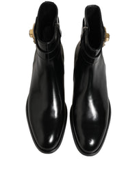 Dolce & Gabbana Black Leather Logo Buckle Mid Calf Boots Men's Shoes