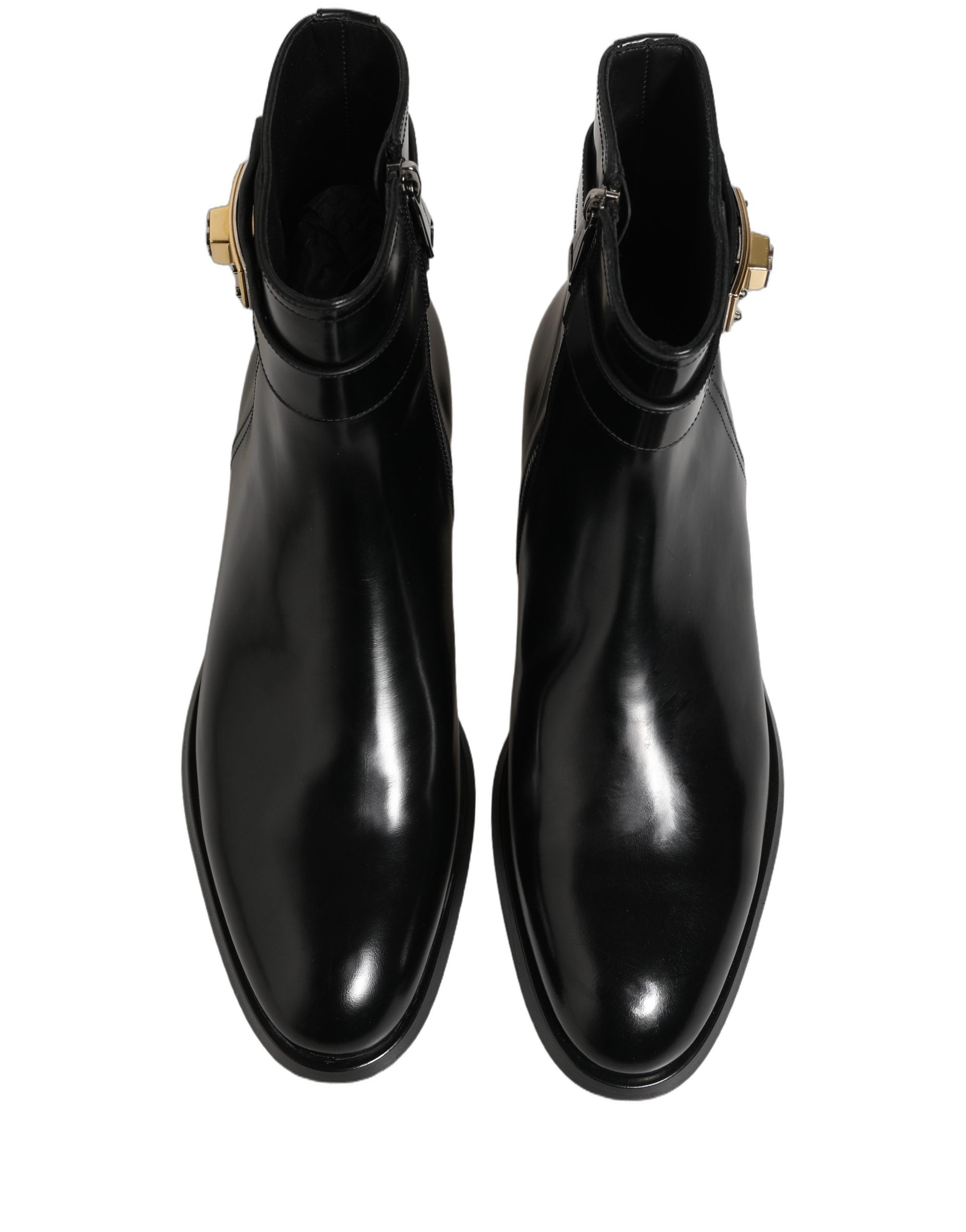 Dolce & Gabbana Black Leather Logo Buckle Mid Calf Boots Men's Shoes
