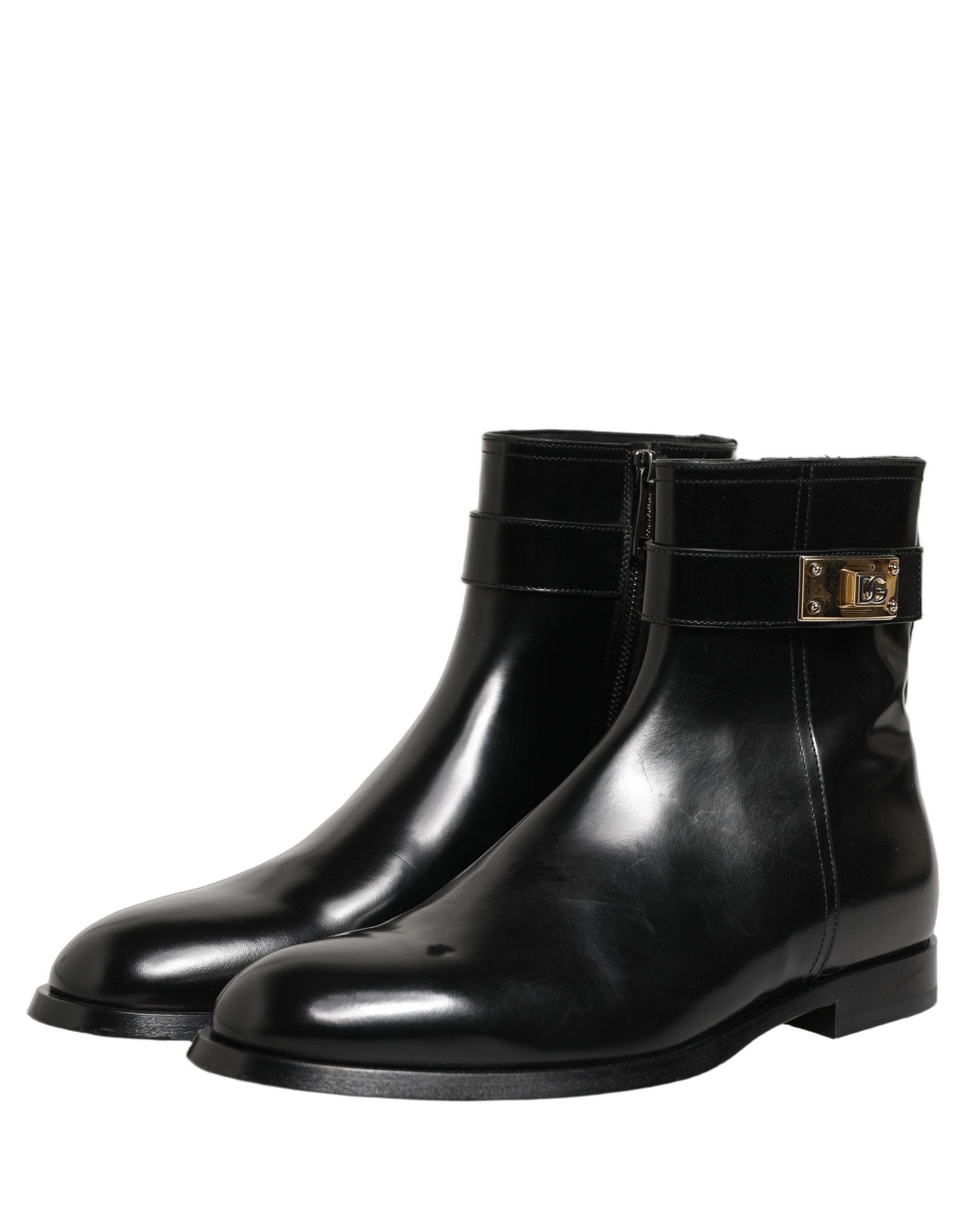 Dolce & Gabbana Black Leather Logo Buckle Mid Calf Boots Men's Shoes