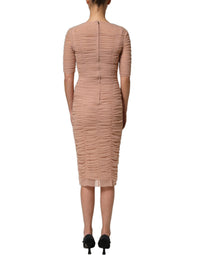 Dolce & Gabbana Beige Cotton Mesh Ruched Sheath Midi Women's Dress