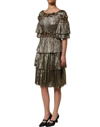 Dolce & Gabbana Metallic Gold Embellished Tiered Midi Women's Dress