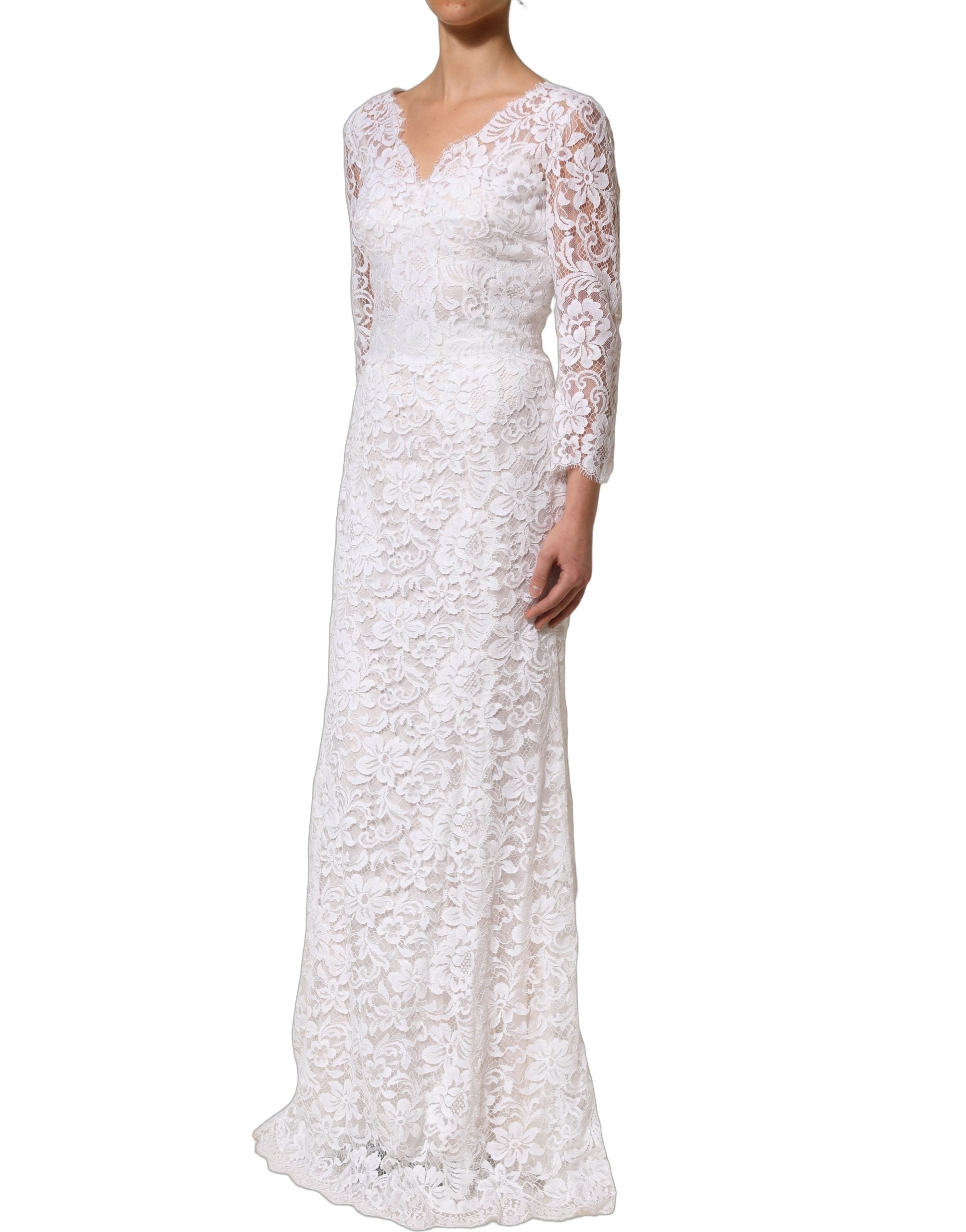 Dolce & Gabbana White Cotton Floral Lace Long Gown Women's Dress