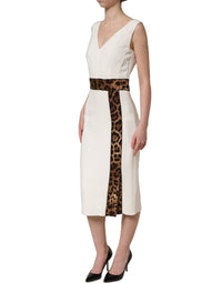 Dolce & Gabbana White Leopard Sleeveless Sheath Midi Women's Dress