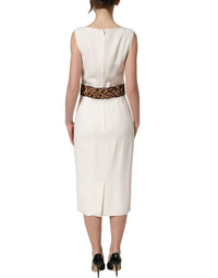 Dolce & Gabbana White Leopard Sleeveless Sheath Midi Women's Dress