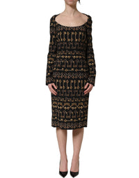 Dolce & Gabbana Black Key Print Long Sleeves Sheath Midi Women's Dress