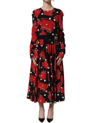 Dolce & Gabbana Black Handbag Print Long Sleeve Midi Women's Dress