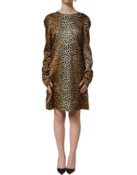 Dolce & Gabbana Brown Ocelot Print Long Sleeve Mini Women's Dress