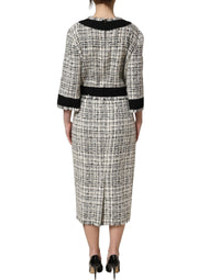 Dolce & Gabbana Multicolor Bouclé Tweed Frayed Trim Midi Women's Dress