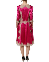 Dolce & Gabbana Fuchsia Pink Lace Detail A-line Midi Women's Dress