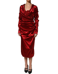 Dolce & Gabbana Red Silk Satin Draped Midi Floral Applique Women's Dress