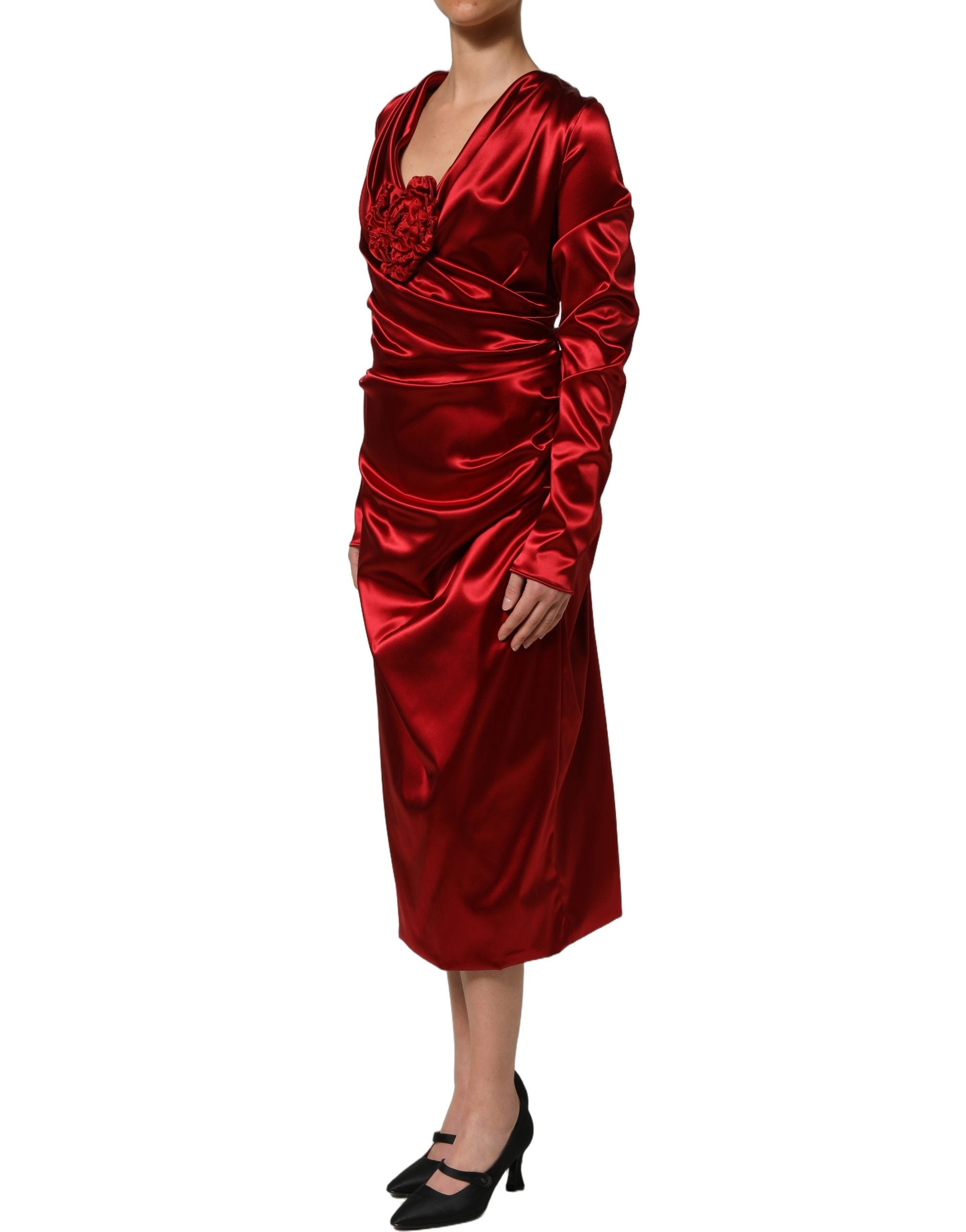 dolce gabbana red floral dress Dolce & Gabbana Red Silk Satin Draped Midi Floral Applique Women's Dress