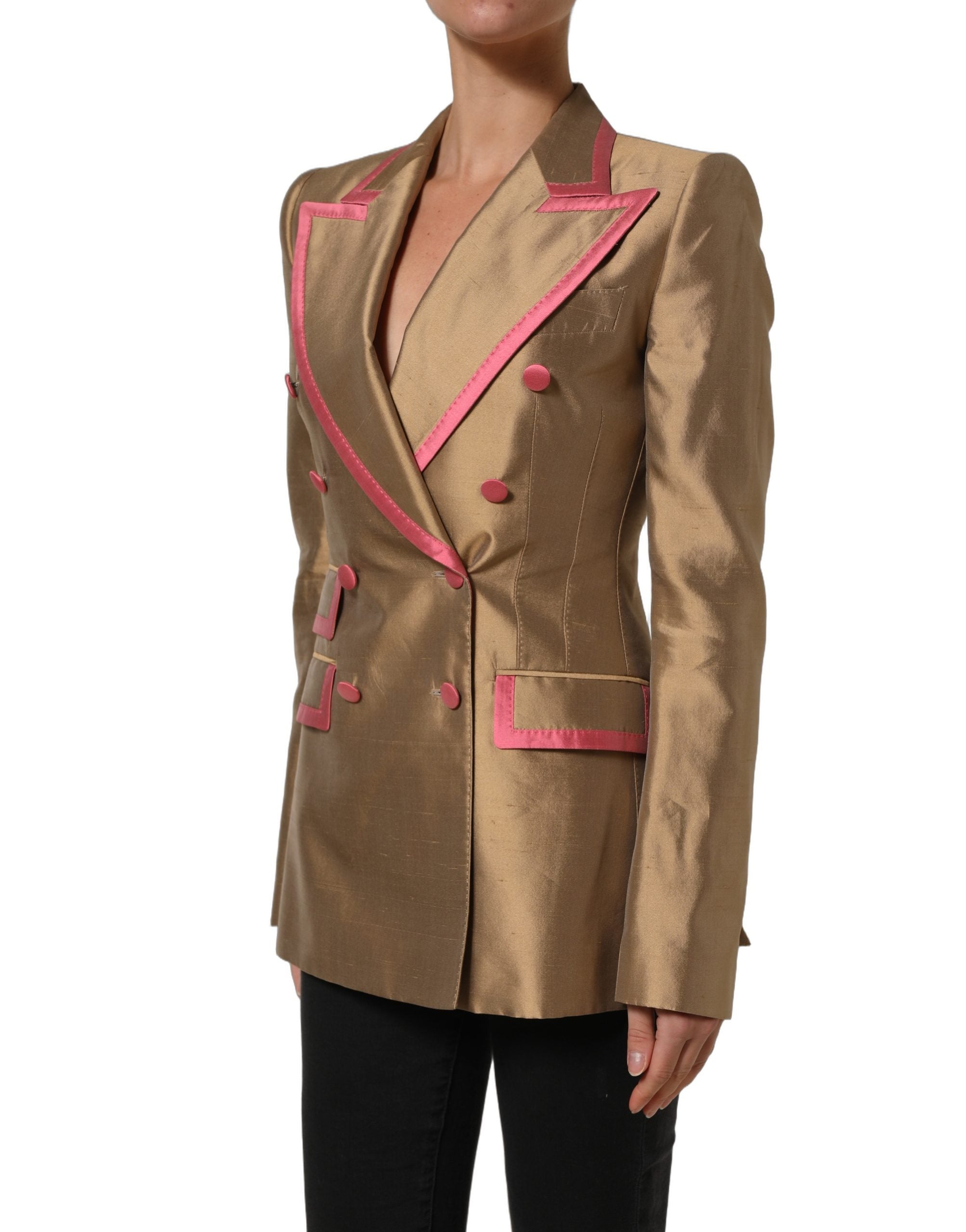 Dolce & Gabbana Gold Silk Double Breasted Coat Blazer Women's Jacket
