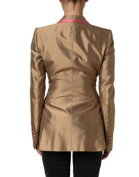 Dolce & Gabbana Gold Silk Double Breasted Coat Blazer Women's Jacket