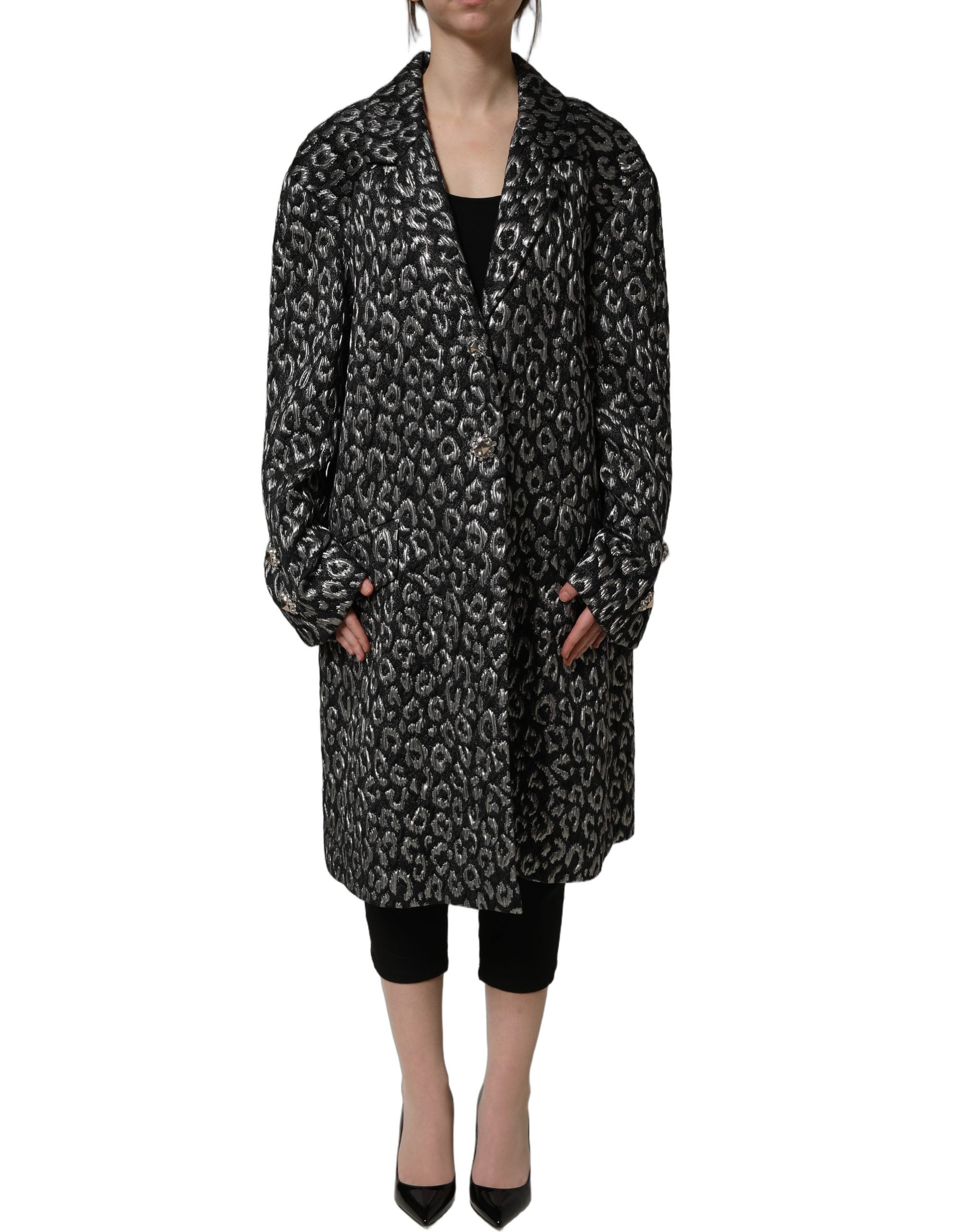 Dolce & Gabbana Black Silver Jacquard Leopard Coat Women's Jacket