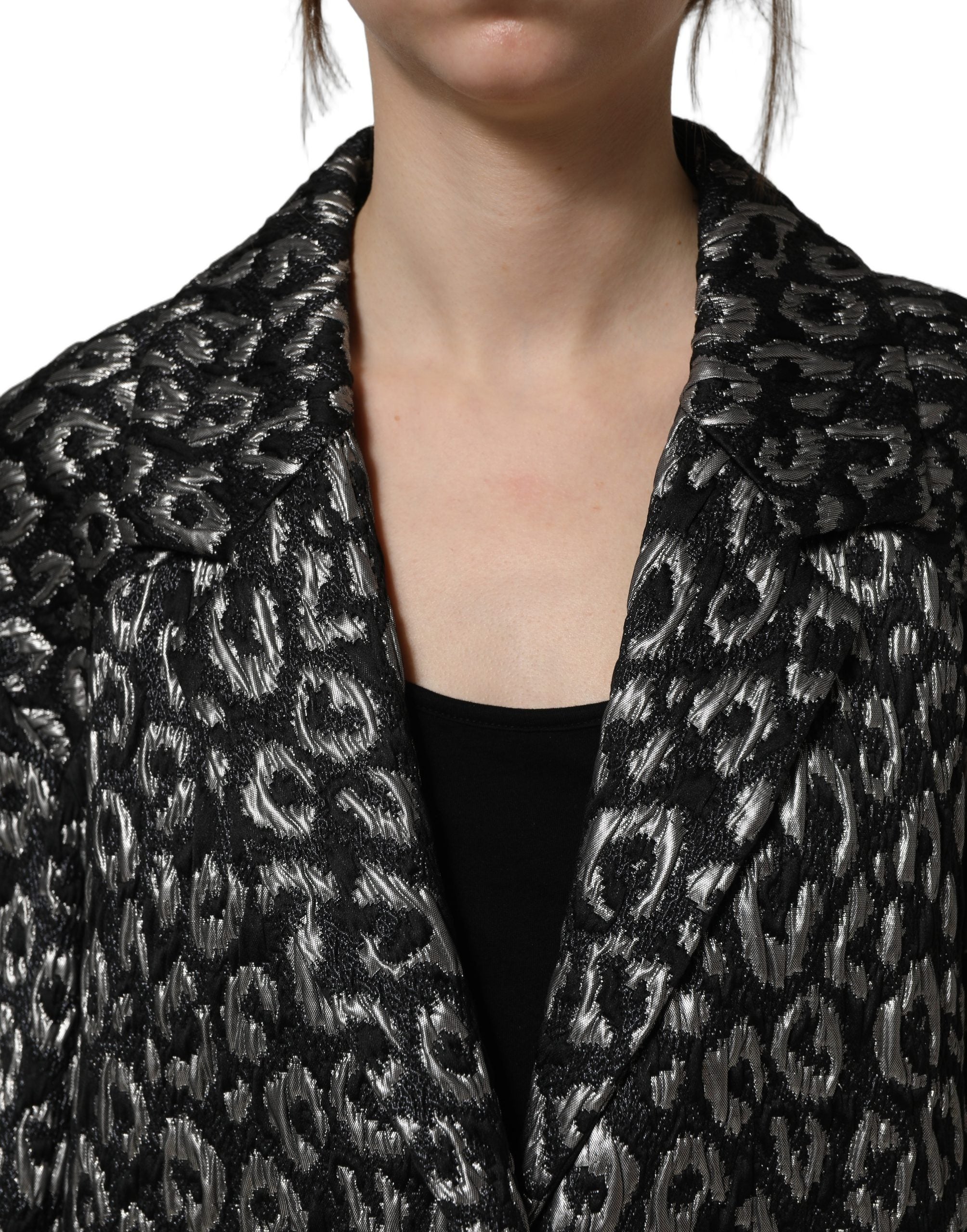 Dolce & Gabbana Black Silver Jacquard Leopard Coat Women's Jacket