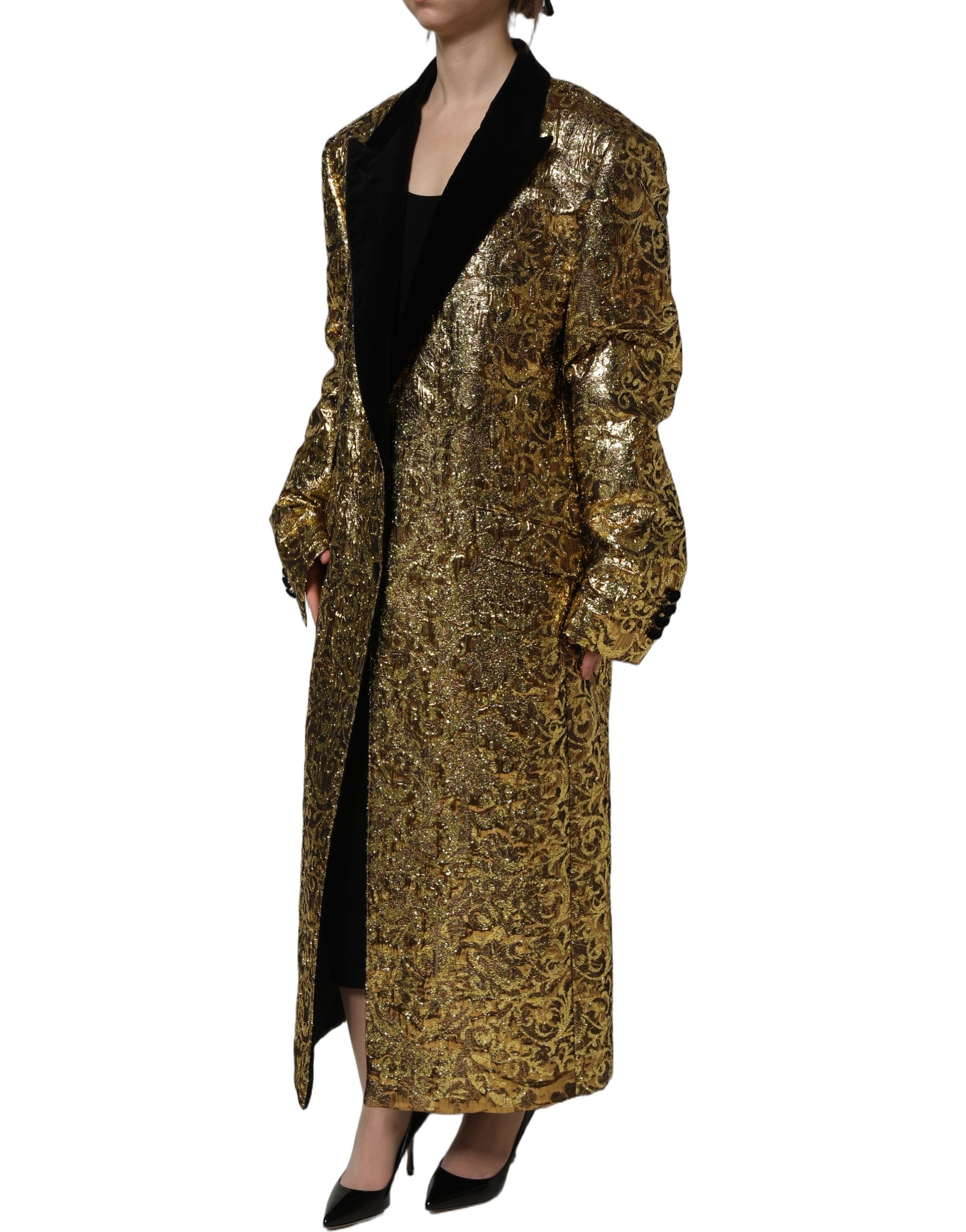 Dolce & Gabbana Dolce & Gabbana Gold Floral Jacquard Wool Trench Coat Women's Jacket
