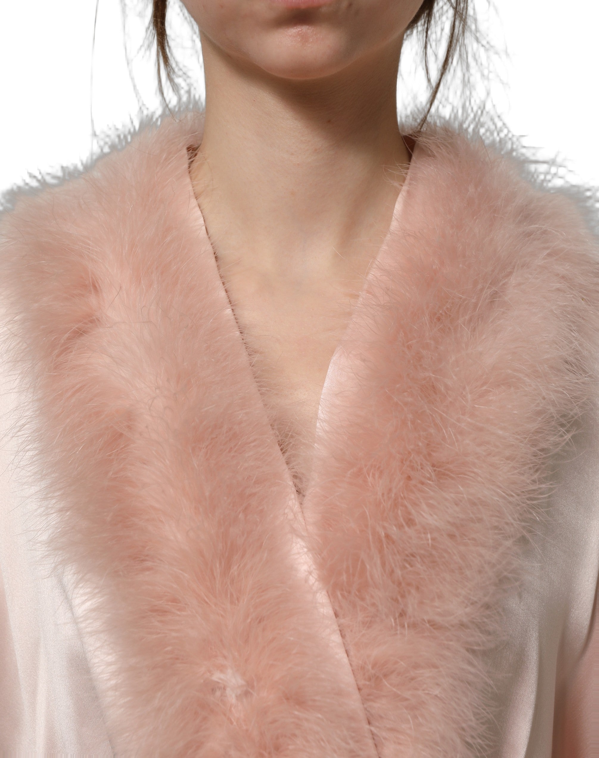 Dolce & Gabbana Light Pink Silk Turkey Feather Robe Women's Jacket