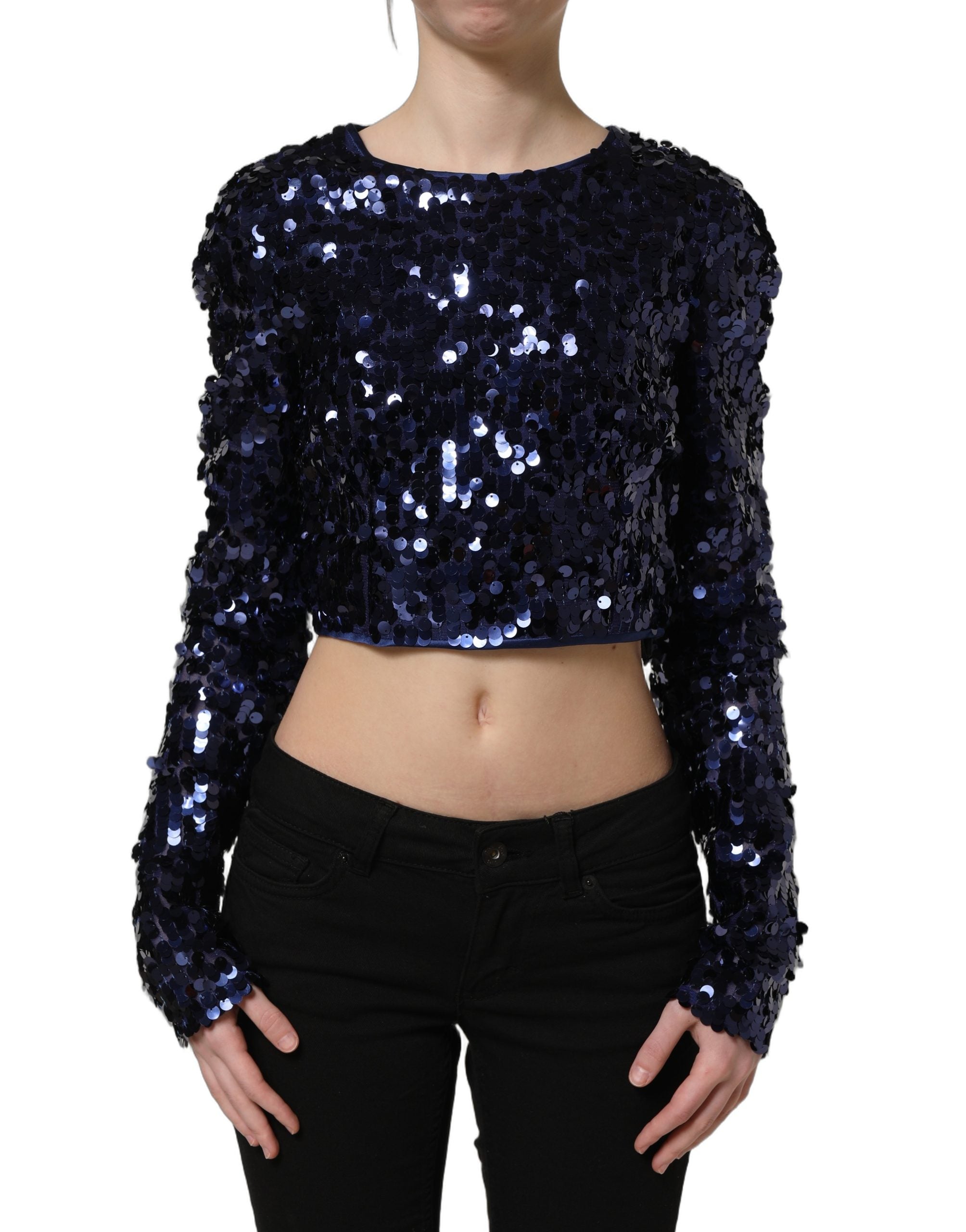 Dolce & Gabbana Dolce & Gabbana Blue Sequined Long Sleeves Crop Blouse Women's Top