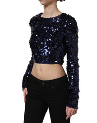 Dolce & Gabbana Dolce & Gabbana Blue Sequined Long Sleeves Crop Blouse Women's Top