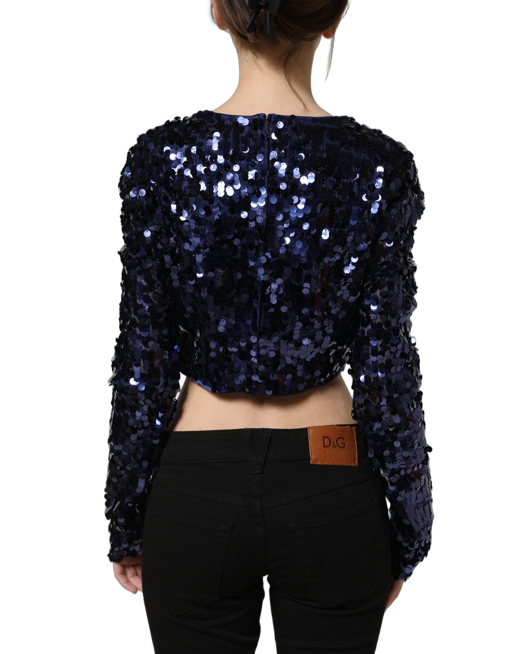 Dolce & Gabbana Dolce & Gabbana Blue Sequined Long Sleeves Crop Blouse Women's Top