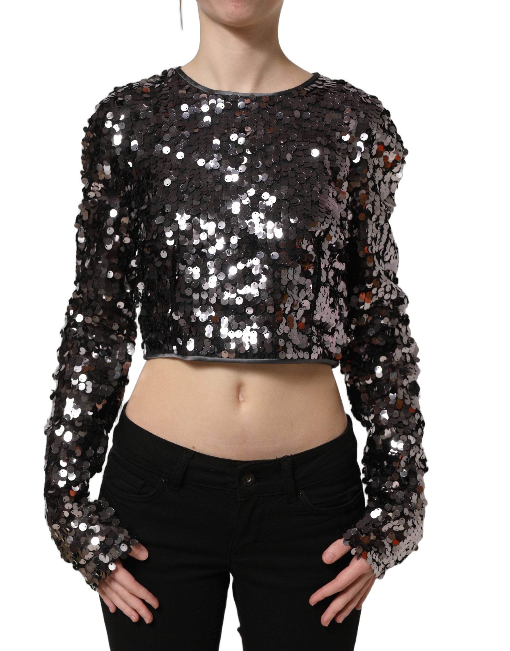 Dolce & Gabbana Dolce & Gabbana Black Sequined Long Sleeves Crop Blouse Women's Top
