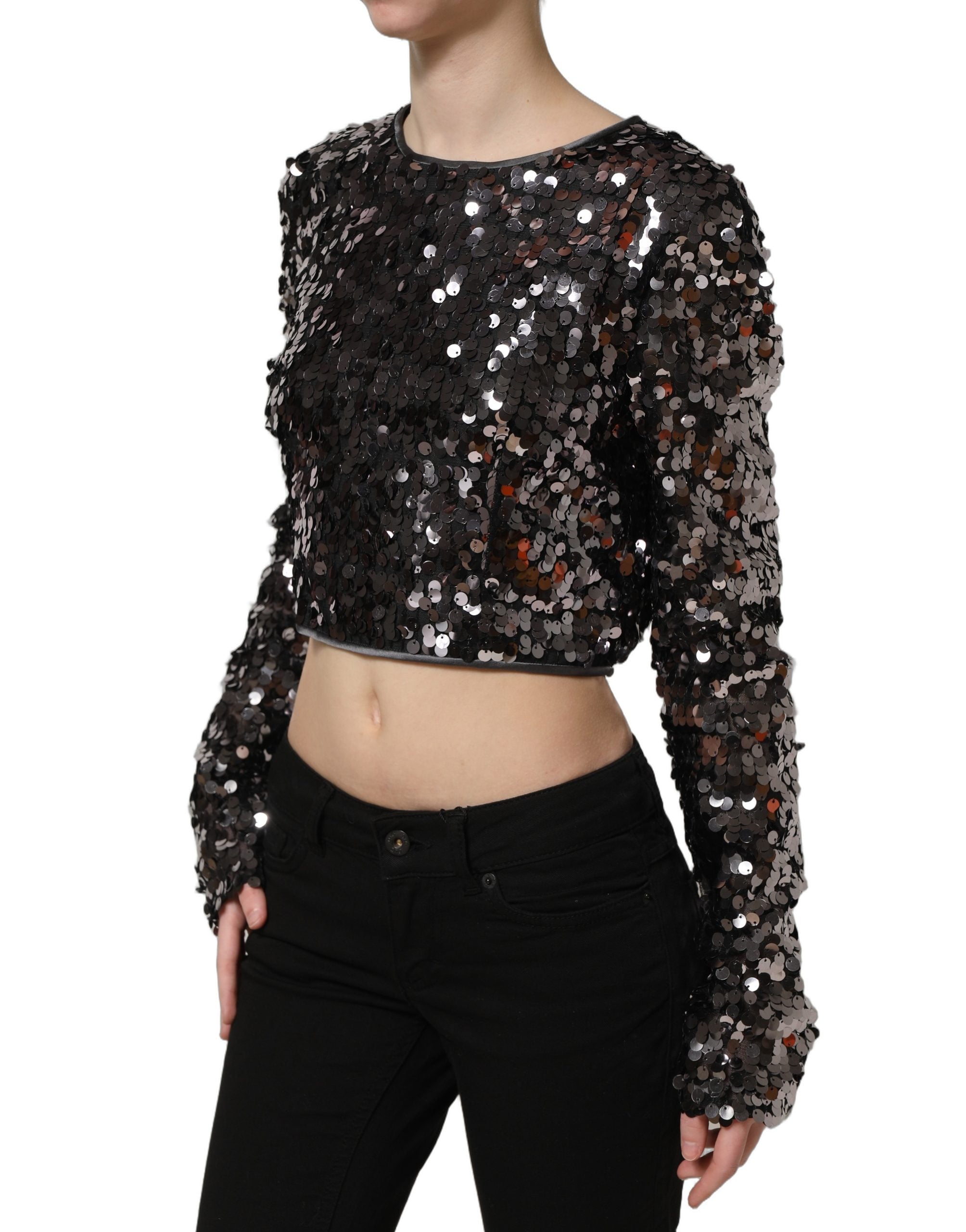 Dolce & Gabbana Dolce & Gabbana Black Sequined Long Sleeves Crop Blouse Women's Top
