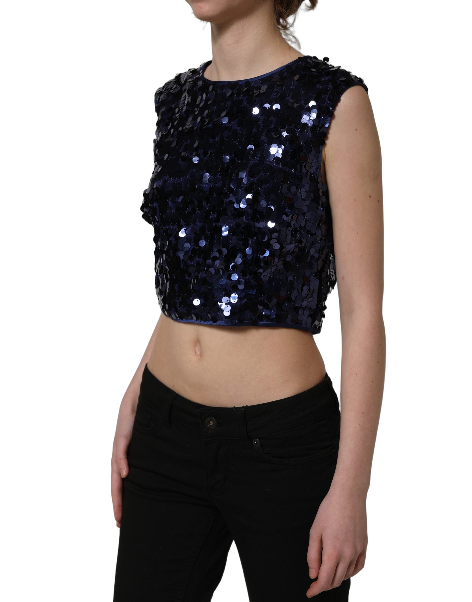 Dolce & Gabbana Dolce & Gabbana Blue Sequined Sleeveless Cropped Tank Women's Top