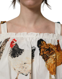 Dolce & Gabbana Dolce & Gabbana White Rooster Print Poplin Off The Shoulder Women's Top