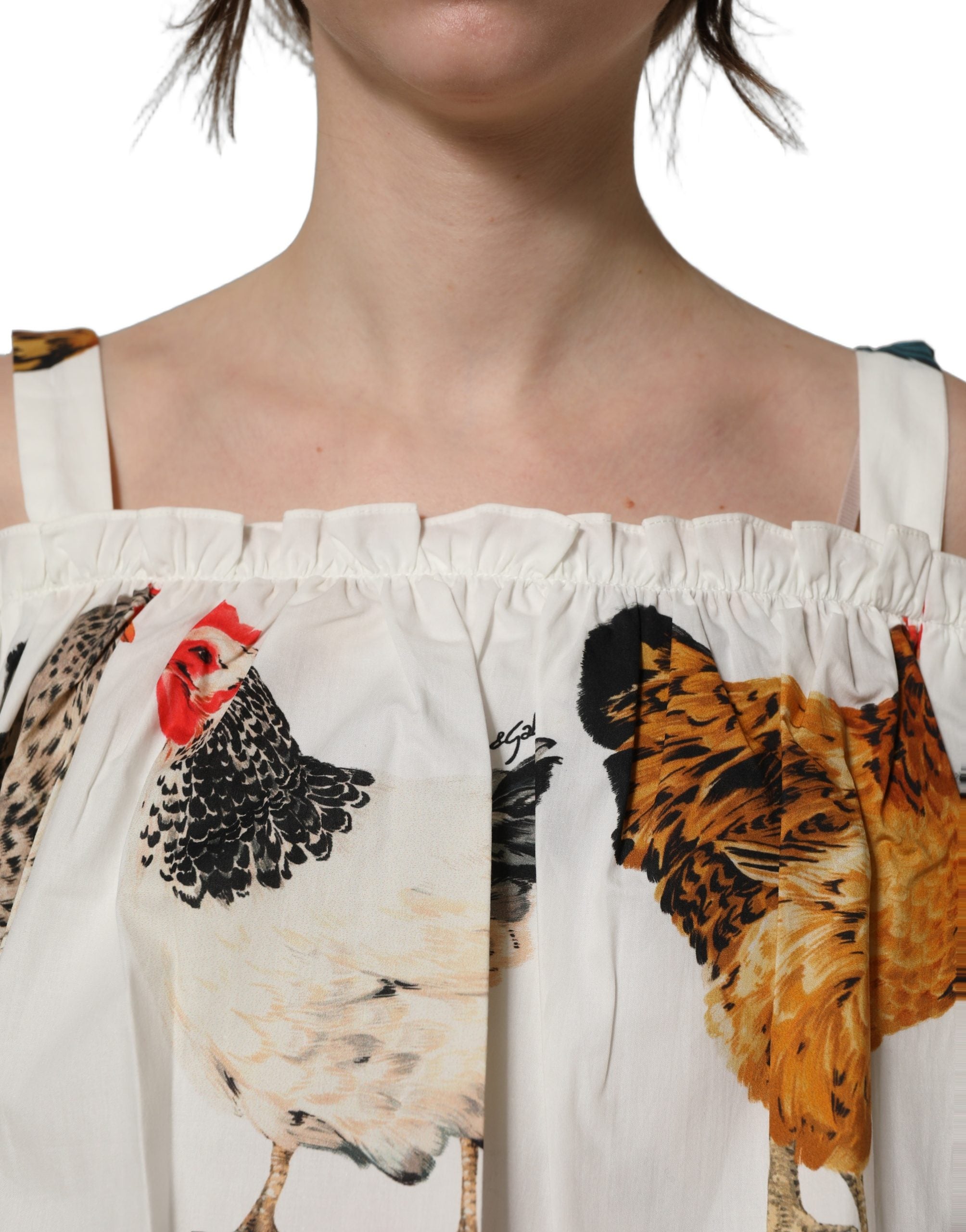 Dolce & Gabbana Dolce & Gabbana White Rooster Print Poplin Off The Shoulder Women's Top