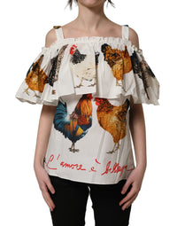 Dolce & Gabbana Dolce & Gabbana White Rooster Print Poplin Off The Shoulder Women's Top