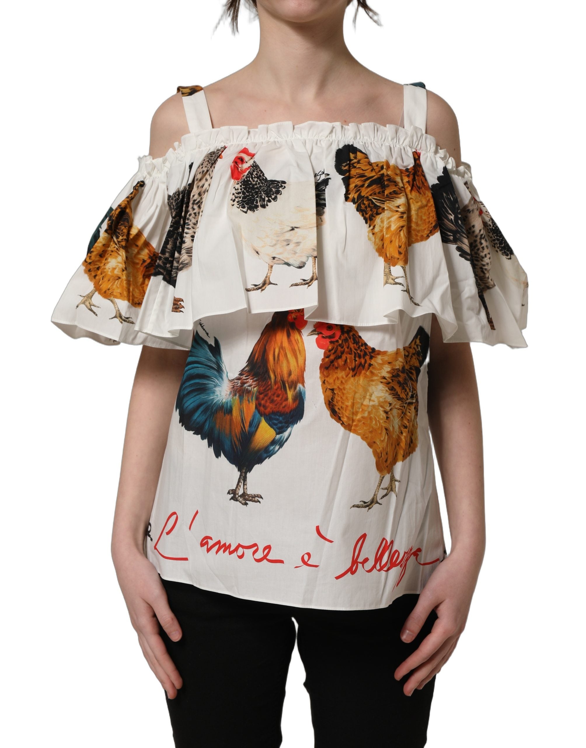 Dolce & Gabbana Dolce & Gabbana White Rooster Print Poplin Off The Shoulder Women's Top