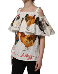 Dolce & Gabbana Dolce & Gabbana White Rooster Print Poplin Off The Shoulder Women's Top